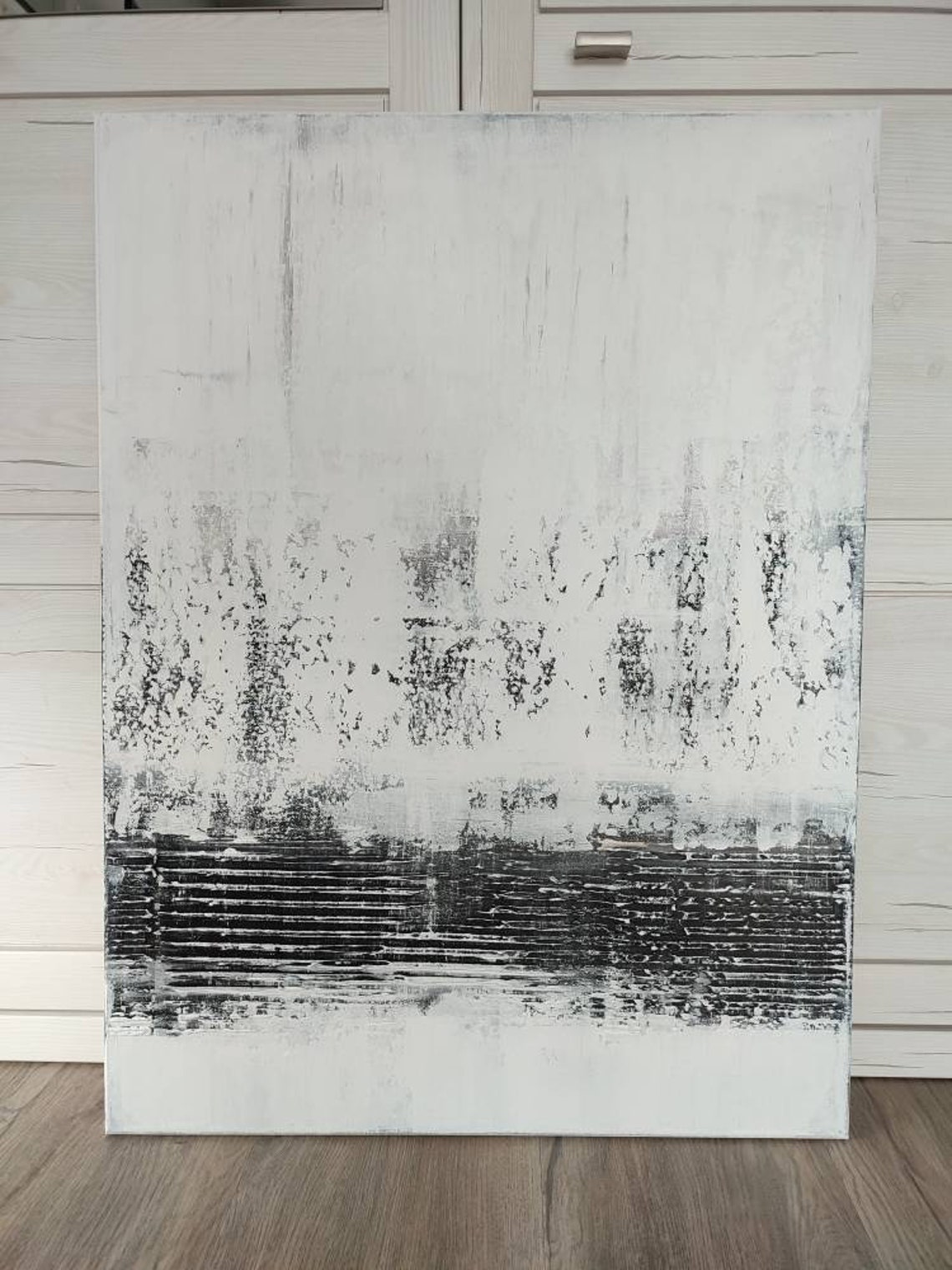 Abstrakte Wandkunst In Schwarz-Weiß – Gerahmtes Leinwandbild 61x91 Cm, Mit Holzrahmen, Moderne Deko