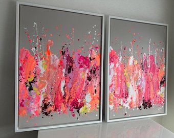 Peinture acrylique, art abstrait, duo de toiles, ensemble de 2 tableaux, néon, coloré, printanier, captivant, motif peint à la main, Elena’s ARTelier