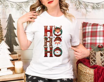 Ho Ho Ho Christmas T-Shirt | Plaid Leopard Print Holiday Tee with Reindeer, Santa & Snowman | Cute Festive Christmas Shirt for Holiday