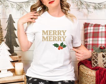 Merry Merry Christmas T-Shirt | Retro Holiday Typography Tee | Minimalist Festive Shirt with Holly Graphic for Cozy Winter Outfits
