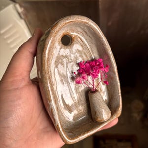 Rustic small ceramic wall hanging with budvase, Terracotta finish ceramic altar 10 cm, ceramic wall sconce image 9