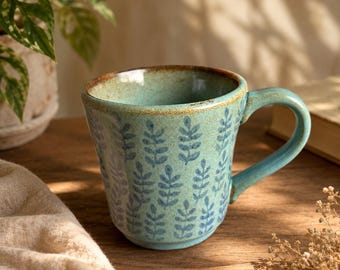 Handmade turquoise leafy ceramic mug 300 ml , gifts for mom
