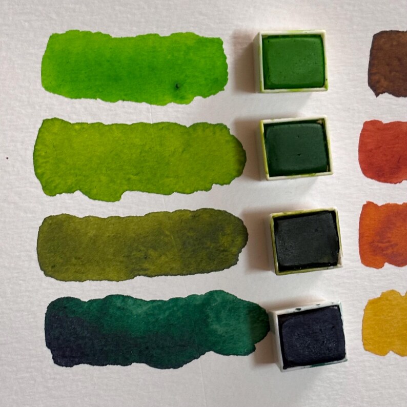 May include: Watercolor paint swatches in shades of green, from light to dark, alongside their solid paint block counterparts. The swatches are painted on white paper, showcasing the color variations.
