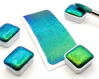 Peacock Colorshift metallic watercolor , Teal to Green Metallic paint, Chameleon paint