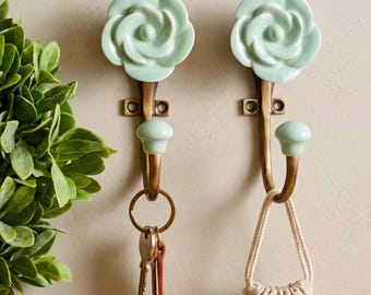 Pack of 2 Mint green rose Ceramic wall Hook, ceramic Coat Hook,  green ceramic Bathroom Hook, Hallway Hook, ceramic Wall Hook for Plants