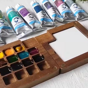 15 wells wooden palette, Walnut Box Travel Mini wooden palette, travel Watercolor Paint Box Palette , art gifts