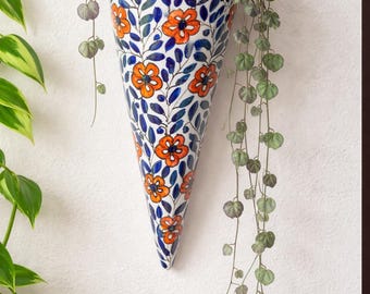Floral ceramic wall planter - For small plants, propagatation - 10 x 24  cm , Handmade orange daisy cone ceramic wall vase
