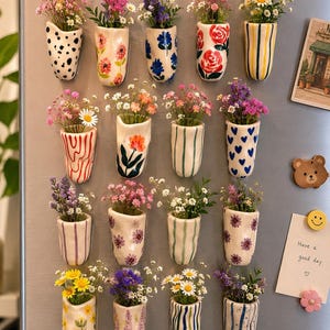 Könnte beinhalten: Sechzehn kleine, keramische Wandvasen an einem Kühlschrank, die jeweils mit einer einzigartigen Anordnung bunter Wildblumen gefüllt sind. Die Vasen weisen verschiedene handbemalte Muster auf, darunter Punkte, Streifen, Blumen und Herzen.