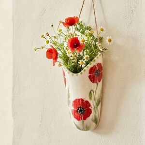 Wazon ścienny ceramiczny z ręcznie malowanym czerwonym makiem – rustykalny wazon kieszonkowy Pinterest, doniczka na suszone kwiaty (12 cm) zdjęcie 2