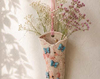 Butterfly candy imperfect ceramic vase wall hanging - For flower buds , dry flower bunchs-15-16 cm , glossy finish