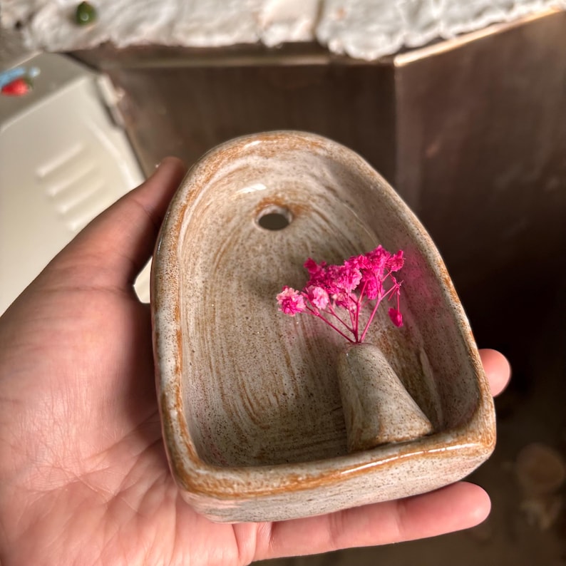 Rustic small ceramic wall hanging with budvase, Terracotta finish ceramic altar 10 cm, ceramic wall sconce image 11