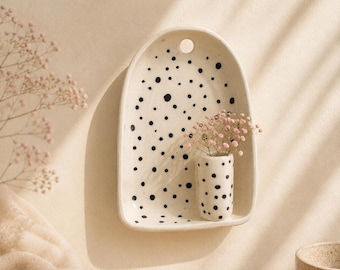 Polka blobs ceramic wall hanging with budvase, black polka dots ceramic altar 11x 15 cm, ceramic wall sconce