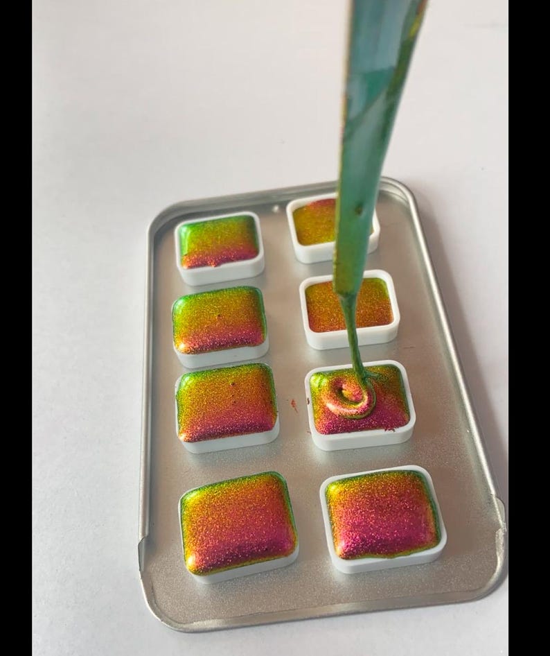 Magneto Chrome colorshift paint - pink green yellow sparkle Handmade Aquarell Pan - Handmade calligraphy hypershift watercolor
