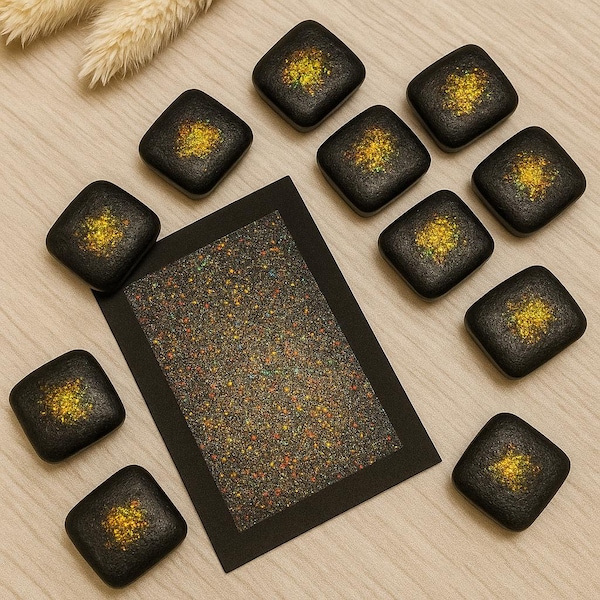 Gothic Dust Watercolor Paint – Black Golden Holo Sparkly Handmade Pan, unique paints