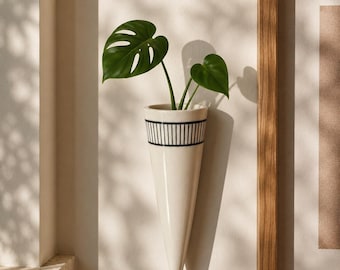 Minimalist black stripes ceramic cone vase wall hanging - For flower buds - 7.5 by 25 cm , white ceramic wall hanging