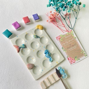 Handmade Ceramic Palette with Seashell & Seahorse Embellishments | 12 Wells | White Glazed | 10 x 12 cm | 10 days pre order