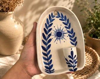 Ascent blue ceramic wall vase altar - For flower buds 10by 15 cm , housewarming gift - Sun design porcelain budvase wall hanging