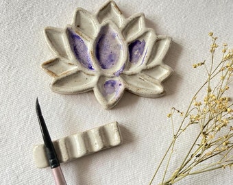 Lotus Ceramic Palette with Brush Rest - Floral Watercolor Mixing Tray