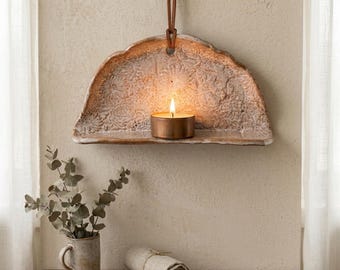 Textured Ceramic Tealight Sconce, Dandelion Impression Wall Hanging, Speckled Stoneware Altar