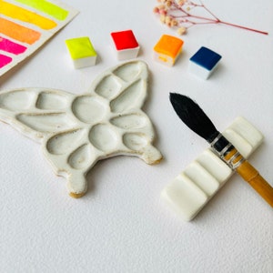 Butterfly Ceramic Palette + brushrest  - Ceramic Paint Palette-  palette for artist- Handmade watercolor - Mytinyjournal.co India