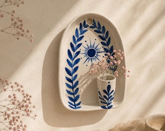 Blue sun leaf ceramic wall altar vase for flower buds, blue pottery wall sltar hanging  10x14 cm, ceramic wall vase ( Dry Flowers included)