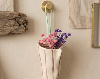 Lilac Striped ceramic vase wall hanging - For succulents, dry flowers bunch ) 13-14 cm , mom gifts