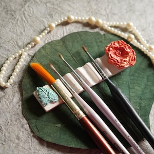 Rose 6 slot ceramic brushrest, floral pink brush rest | Paint Brush Rest | Handmade | Painter Supply| Ceramic Art | Artist Gift |