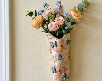 Butterfly wobbly ceramic vase wall hanging - For flower buds , dry flower bunchs-15-16 cm , glossy finish