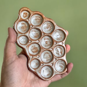 May include: A ceramic paint palette with an irregular, organic shape featuring fourteen circular wells. The surface has a glossy white glaze with visible brown, speckled, and earthy-toned accents along the edges and within each well.