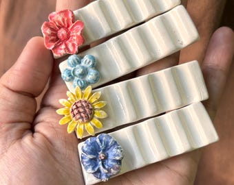 Handmade Floral Ceramic Brush Rest - floral brush holder , ceramic brush holder, art gifts