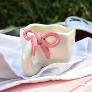 Mini Pink Bow Ceramic Mug 200 ml - Cute bow ceramic mug, pink Girlfriend Mug- Valentine&#39;s Day Gift & Home Decor , Handmade ceramic mug