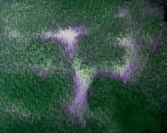 May include: Abstract watercolor painting with a textured appearance. The artwork features a blend of green and purple hues, with a central white area. The colors are blended to create a soft, blurred effect, suggesting a landscape or natural form.
