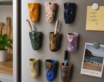 Wonky ceramic pen holder magnet- 9-10 cm , fridge pen holder magnet