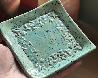 Ceramic ring dish, turquoise green speckled finish 10-11 cm approx