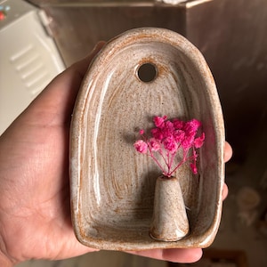 Rustic small ceramic wall hanging with budvase, Terracotta finish ceramic altar 10 cm, ceramic wall sconce image 16