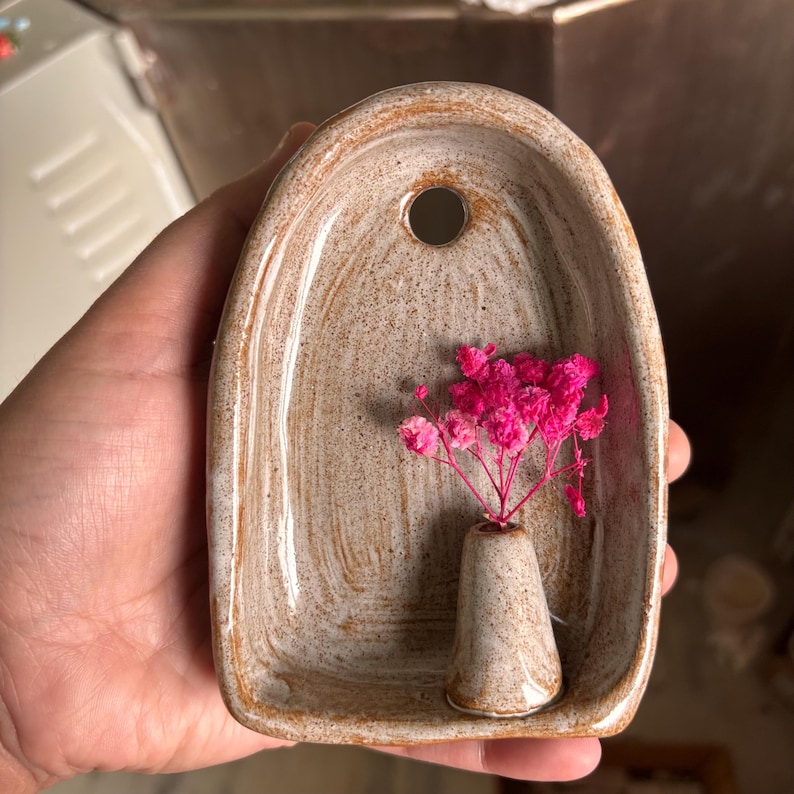 Rustic small ceramic wall hanging with budvase, Terracotta finish ceramic altar 10 cm, ceramic wall sconce image 16