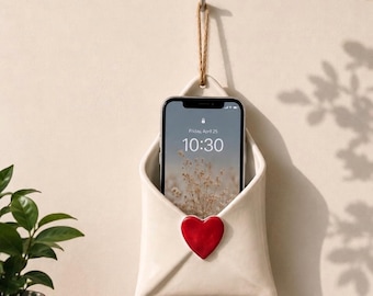 Envelope ceramic wall phone holder  hanging - For Iphone,  memo cards, notes, dry flowers (no holes) 12  cm , heart wall envelope decor,