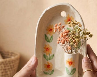 Handmade floral  Ceramic Wall Vase, Rustic Altar Sconce (10x14 cm)