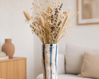 Blue stripes ceramic stem vase , wobbly spring vase, Ikebana flower decor vase , 8 x 2 inch
