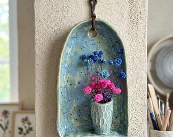 Speckled turquoise ceramic wall vase hanging -for dry flowers, flower bud vase -  11 x 15 cm ,
