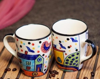 Blue Ceramic Coffee Mug - 270 ml - handpainted house , Holiday decor, Gifts for mom,