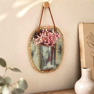 Rustic green ceramic pocket vase wall hanging - For flower buds 12 , 14  cm , glossy rustic blue finish - seconds sale