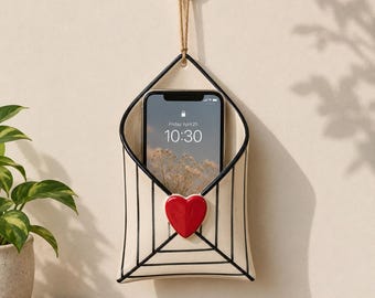 Black striped Envelope ceramic wall phone holder  hanging - For Iphone,  memo cards, notes, dry flowers 12  cm , heart wall envelope decor,