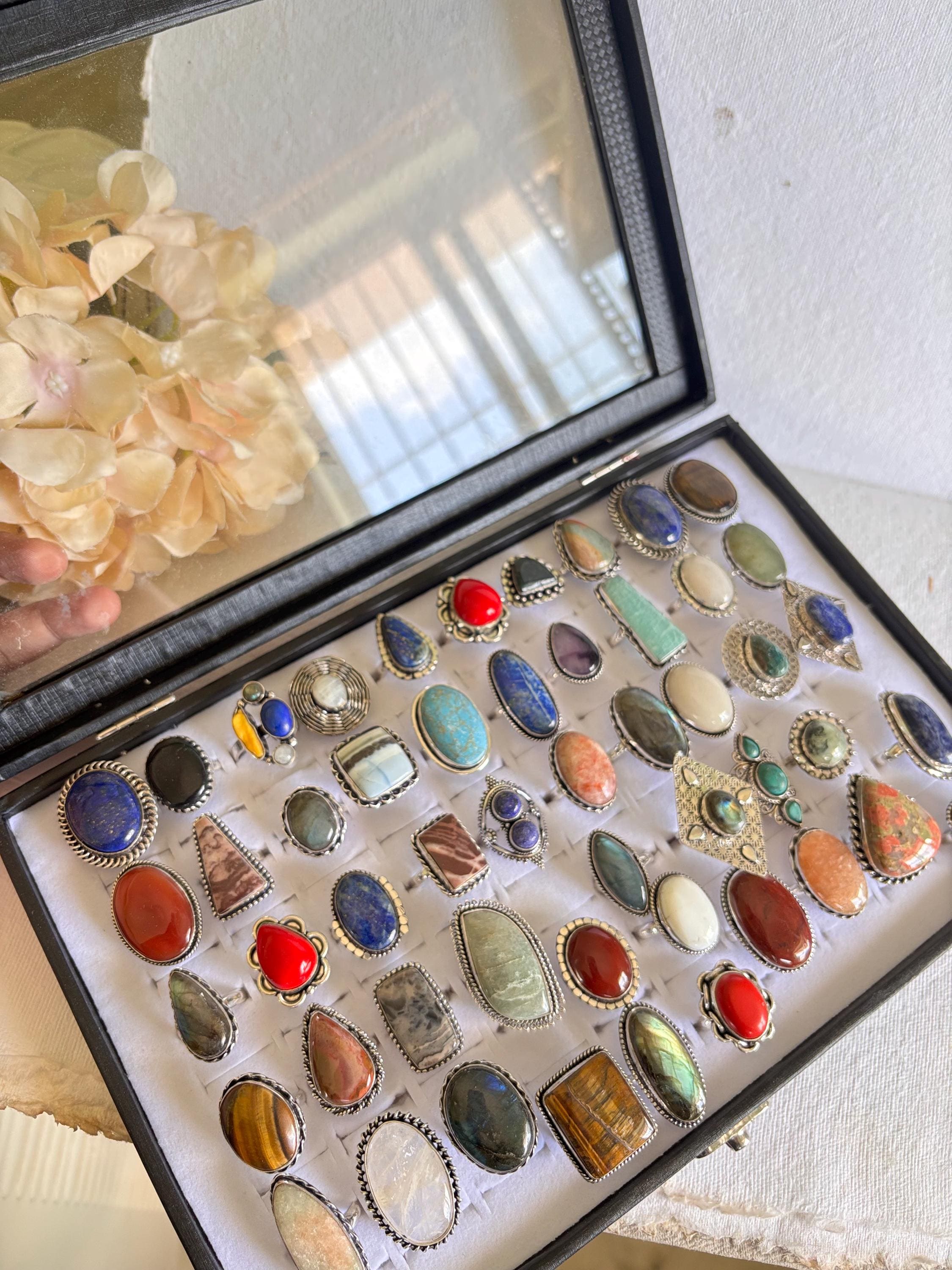 Hippie Rock Rings Set of 8 Random Natural Gemstone Rings, Wholesale Big Gemstone Rings ...