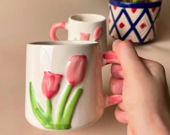 Painted Tulips Ceramic Mug 200 ml - Cute tulips painted ceramic mug, Gift & Home Decor , Handmade ceramic mug