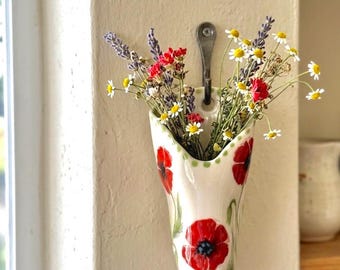 Handpainted red poppy  Ceramic Wall Vase – Rustic cottage core Pinterest pocket vase , dry flower Planter (12- cm)