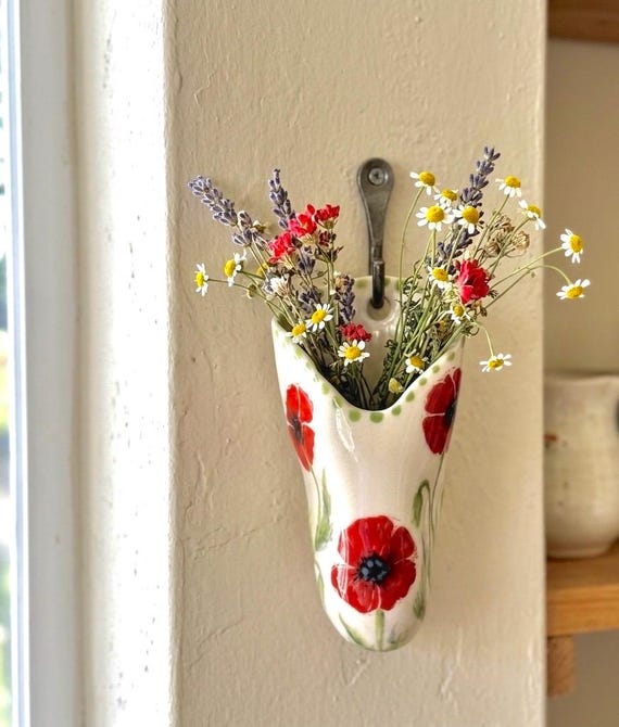 Handpainted red poppy  Ceramic Wall Vase – Rustic cottage core Pinterest pocket vase , dry flower Planter (12- cm)