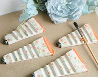 Pottery Ceramic brush rest - Orange Lilies - 4-5 brush organiser, artist gift