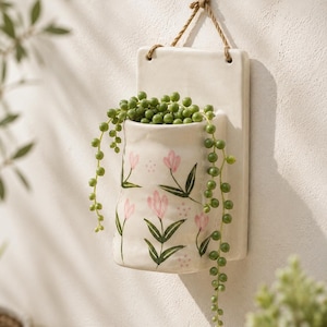 Ceramic Pocket wall planter with drainage holes - handpainted tulips - Measures 18 cm  x 12.5 cm  x 8 cm depth