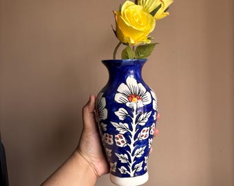 Blue handpainted ceramic wall vase hanging - For flower buds, propagatation 20 by 10 cm ,  blue ceramic wall vase planter